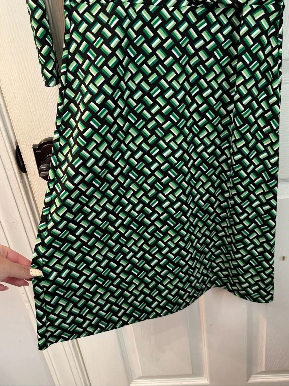LOFT Black and Green Geometric Wrap-Style Dress